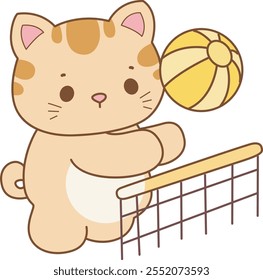 Illustration of cute kitty icon.
Funny cat in daily activities elements.
Cat is playing a volley ball