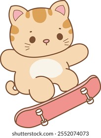 Illustration of cute kitty icon.
Funny cat in daily activities elements.
Cat is playing a skateboard