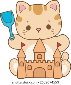 Illustration of cute kitty icon.
Funny cat in daily activities elements.
Cat is playing a sand castle