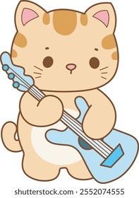 Illustration of cute kitty icon.
Funny cat in daily activities elements.
Cat is playing a guitar