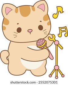 Illustration of cute kitty icon.
Funny cat in daily activities elements.
Cat is sing a song with microphone