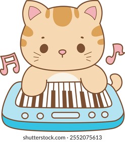 Illustration of cute kitty icon.
Funny cat in daily activities elements.
Cat is playing a piano