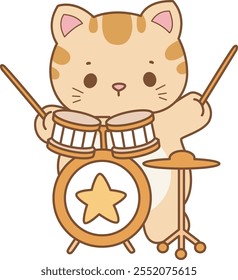 Illustration of cute kitty icon.
Funny cat in daily activities elements.
Cat is playing a drum in the band