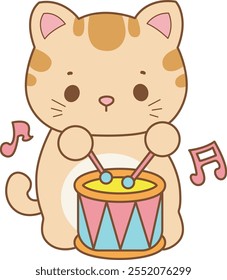 Illustration of cute kitty icon.
Funny cat in daily activities elements.
Cat is playing a drum in the carnival