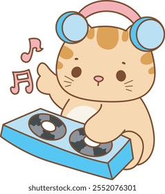 Ilustração do ícone bonito do gatinho.
Gato engraçado em elementos de atividades diárias.
Ca está tocando um disco como DJ no clube