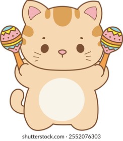 Illustration of cute kitty icon.
Funny cat in daily activities elements.
Cat is playing a maracas