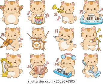 Illustration of cute kitty icon.
Funny cat in daily activities elements.
Cat with variation of music instrument