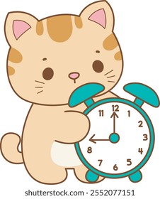 Illustration of cute kitty icon.
Funny cat in daily activities elements.
Cat is bring an alarm clock