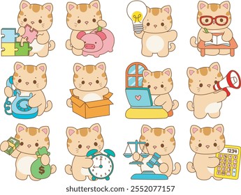 Illustration of cute kitty icon.
Funny cat in daily activities elements.
Variation idea and smart of cat characters