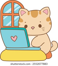 Illustration of cute kitty icon.
Funny cat in daily activities elements.
Cat is working in the notepad