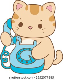 Illustration of cute kitty icon.
Funny cat in daily activities elements.
Cat is calling in the telephone