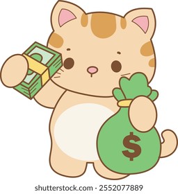 Illustration of cute kitty icon.
Funny cat in daily activities elements.
Cat is bring a lot of money