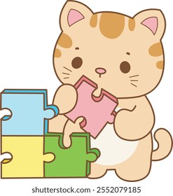 Illustration of cute kitty icon.
Funny cat in daily activities elements.
Cat is playing a puzzle