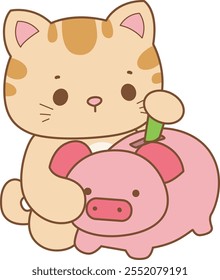 Illustration of cute kitty icon.
Funny cat in daily activities elements.
Cat is include the money in the piggy bank