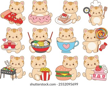 Illustration of cute kitty icon.
Funny cat in daily activities elements.
Variation of snack and food with cat characters