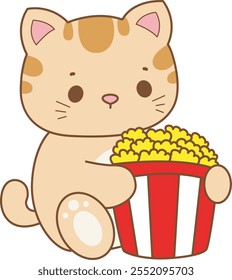 Illustration of cute kitty icon.
Funny cat in daily activities elements.
Cat is hugging a pop corn