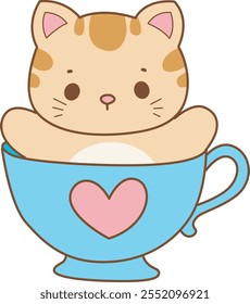 Illustration of cute kitty icon.
Funny cat in daily activities elements.
Cat is stuck in the cup of tea