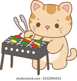 Illustration of cute kitty icon.
Funny cat in daily activities elements.
Cat is roasting a barbecue