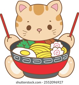 Illustration of cute kitty icon.
Funny cat in daily activities elements.
Cat want to eating ramen