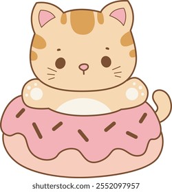 Illustration of cute kitty icon.
Funny cat in daily activities elements.
Cat is stuck in the doughnut