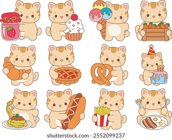 Illustration of cute kitty icon.
Funny cat in daily activities elements.
Variation of street food and fast food