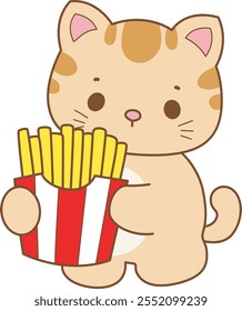 Illustration of cute kitty icon.
Funny cat in daily activities elements.
Cat is bring a french fries