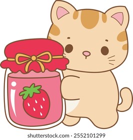 Illustration of cute kitty icon.
Funny cat in daily activities elements.
Cat is bring a strawberry jam