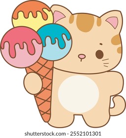 Illustration of cute kitty icon.
Funny cat in daily activities elements.
Cat is bring a three scoop of ice cream