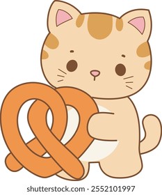 Illustration von niedlichen Kätzchen Symbol.
Lustige Katze in täglichen Aktivitäten Elemente.
Katze bringt eine große Brezel mit