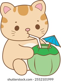 Illustration of cute kitty icon.
Funny cat in daily activities elements.
Cat is drinking a coconut