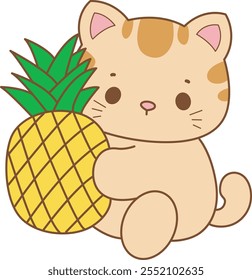 Illustration of cute kitty icon.
Funny cat in daily activities elements.
Cat is hugging a pineapple
