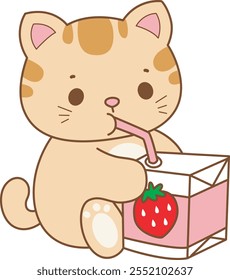 Illustration of cute kitty icon.
Funny cat in daily activities elements.
Cat is drinking a strawberry milk