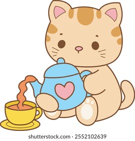 Illustration of cute kitty icon.
Funny cat in daily activities elements.
Cat is pouring a tea into a cup