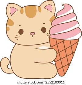 Illustration of cute kitty icon.
Funny cat in daily activities elements.
Cat is hugging a strawberry ice cream