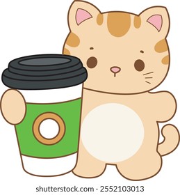 Illustration of cute kitty icon.
Funny cat in daily activities elements.
Cat is bring a cup of coffee