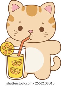 Illustration of cute kitty icon.
Funny cat in daily activities elements.
Cat is drinking an orange juice