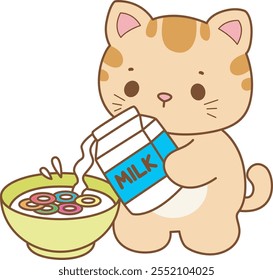 Illustration of cute kitty icon.
Funny cat in daily activities elements.
Cat is pouring milk into cereal