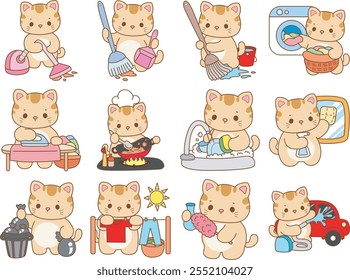 Illustration of cute kitty icon.
Funny cat in daily activities elements.
Cat in the variation of chores