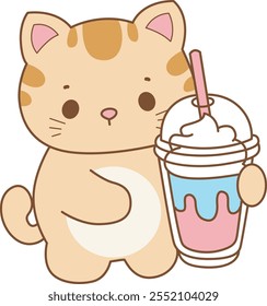 Illustration of cute kitty icon.
Funny cat in daily activities elements.
Cat is bring a bubble gum milkshake