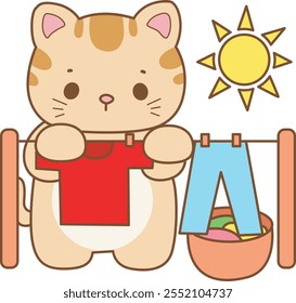 Illustration of cute kitty icon.
Funny cat in daily activities elements.
Cat is clean and clear the clothes under the sun