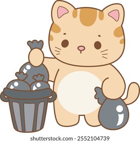 Illustration of cute kitty icon.
Funny cat in daily activities elements.
Cat is throw the rubbish into the place