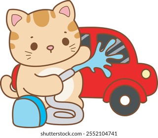 Illustration of cute kitty icon.
Funny cat in daily activities elements.
Cat is cleaning the car