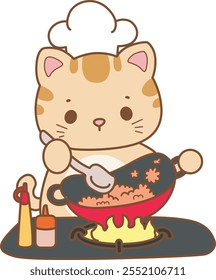 Illustration of cute kitty icon.
Funny cat in daily activities elements.
Cat is cooking the fried rice