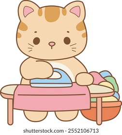 Illustration of cute kitty icon.
Funny cat in daily activities elements.
Cat is ironing the clothes