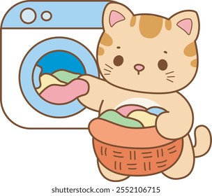 Illustration of cute kitty icon.
Funny cat in daily activities elements.
Cat is throw the clothes into washing machine