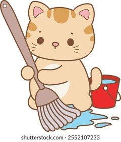 Illustration of cute kitty icon.
Funny cat in daily activities elements.
Cat is cleaning the floor with mop