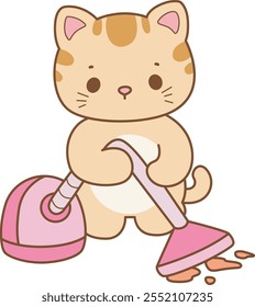 Illustration of cute kitty icon.
Funny cat in daily activities elements.
Cat is cleaning the floor with vacuum cleaner