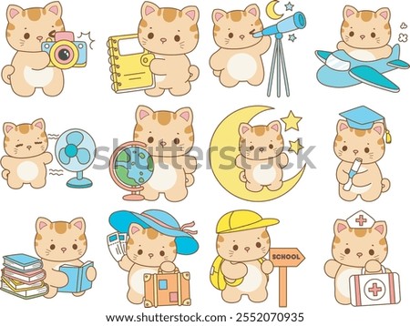 Illustration of cute kitty icon.
Funny cat in daily activities elements.
Smart cat and variation of activity