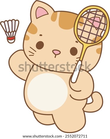 Illustration of cute kitty icon.
Funny cat in daily activities elements.
Cat is playing a badminton