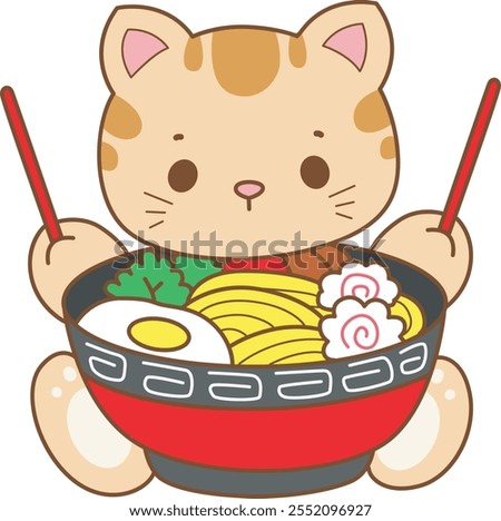 Illustration of cute kitty icon.
Funny cat in daily activities elements.
Cat want to eating ramen